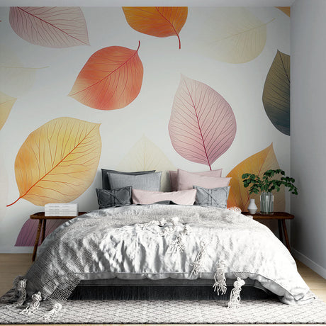Autumn leaves wallpaper creating a peaceful atmosphere in a modern living room with natural light and minimal furniture
