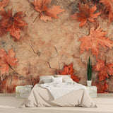 Terracotta leaf wallpaper in modern living room with natural light highlighting the marble texture