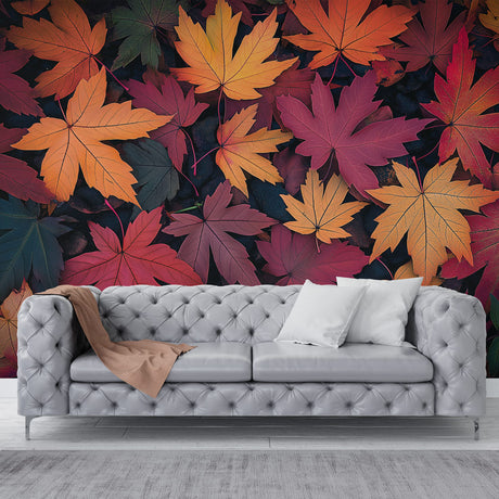 Autumn leaves wallpaper mural creating a cozy atmosphere in a modern living room with soft lighting