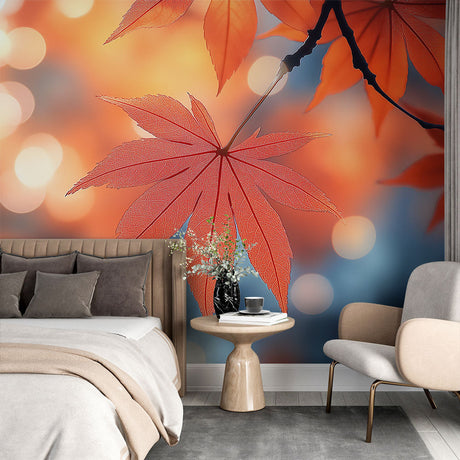 Maple leaf wallpaper creating a cozy atmosphere in a modern living room with natural light highlighting the bokeh effect