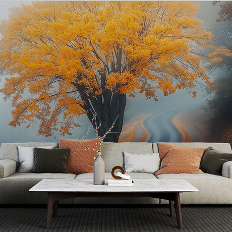 Autumn forest wallpaper creating a cozy atmosphere in a modern living room with golden light filtering through the design