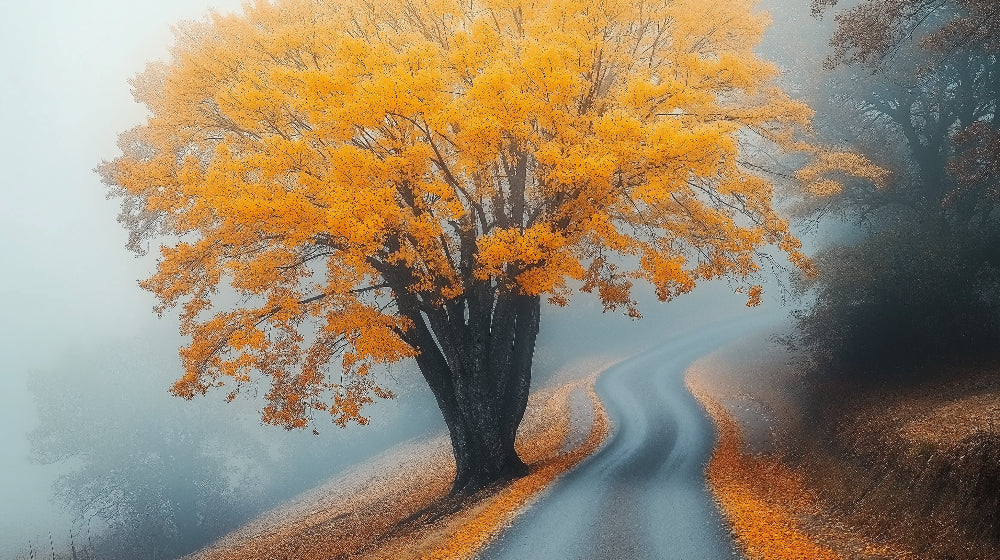 Golden tree wallpaper design file showing detailed misty forest path pattern
