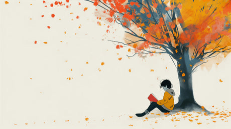 Autumn tree mural wallpaper creating a cozy reading nook in a modern living room with natural light