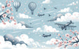 Aviation wallpaper with planes and cherry blossoms creating a dreamy atmosphere in a bright nursery with white furniture