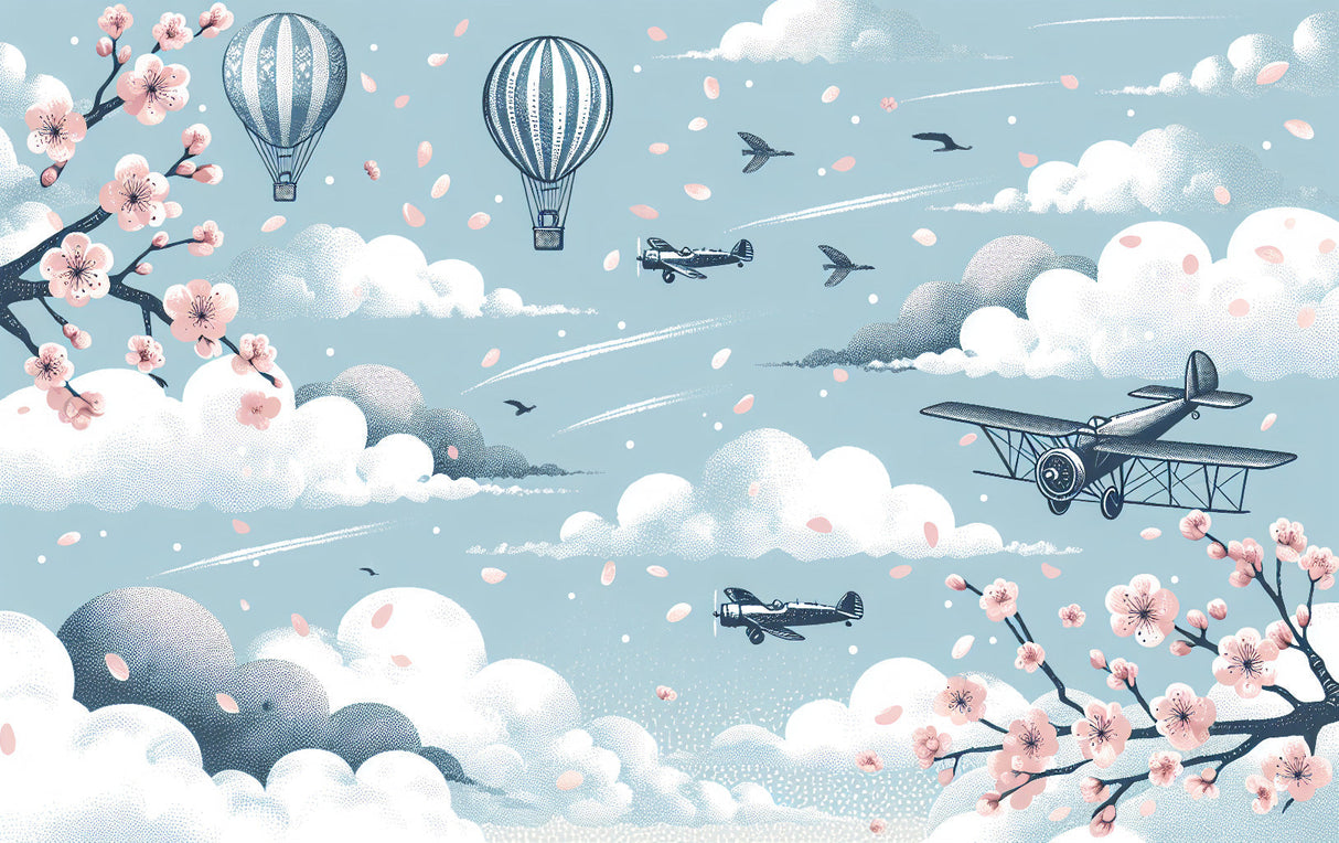 Aviation wallpaper with planes and cherry blossoms creating a dreamy atmosphere in a bright nursery with white furniture