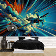 Fighter jet aviation wallpaper bringing dynamic energy to a modern teen bedroom with orange and blue tones
