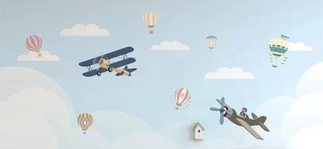 Hot air balloons and vintage airplane design file with soft blue sky pattern