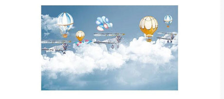 Design file of aviation wallpaper pattern with vintage planes and dreamy hot air balloons