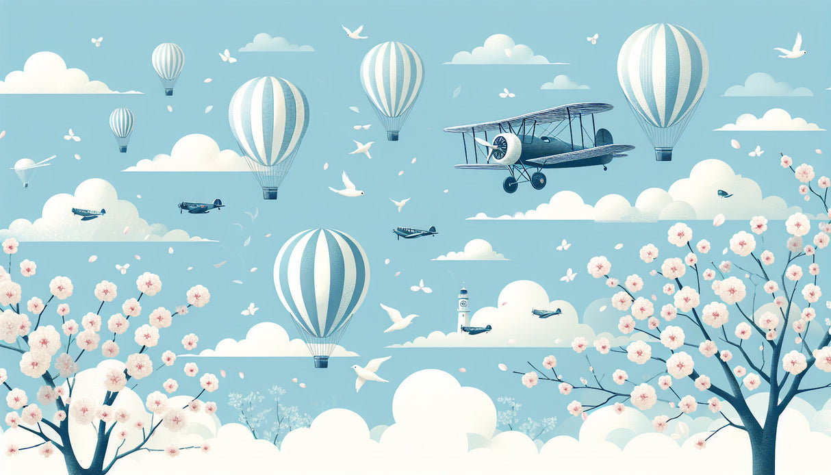 Aviation wallpaper design file showing detailed hot air balloons and cherry blossom pattern