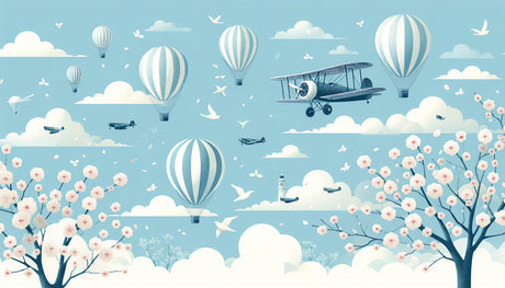 Aviation wallpaper design file showing detailed hot air balloons and cherry blossom pattern