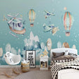 Aviation wallpaper creating a magical atmosphere in a modern nursery with floating hot air balloons and helicopters
