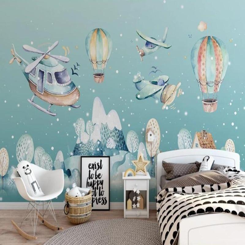 Aviation wallpaper creating a magical atmosphere in a modern nursery with floating hot air balloons and helicopters