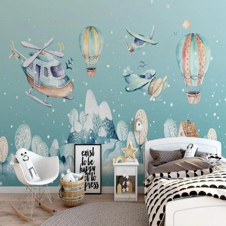 Aviation wallpaper creating a magical atmosphere in a modern nursery with floating hot air balloons and helicopters