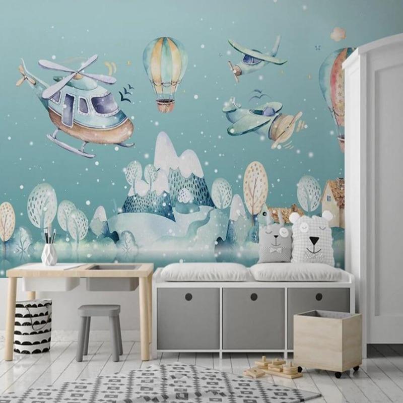 Kids bedroom featuring aviation mural with playful hot air balloons and aircraft design