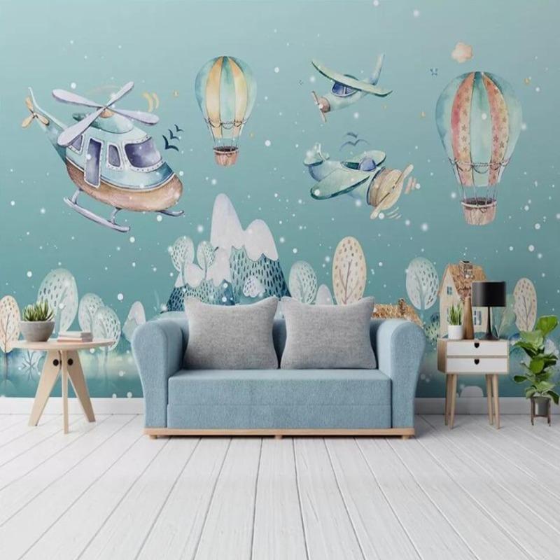 Playroom showcase of aviation themed wallpaper with dreamy sky scene and transportation elements