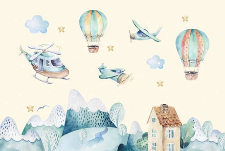 Aviation wallpaper design file showing detailed hot air balloons and helicopter pattern in watercolor style