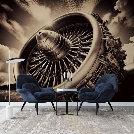 Aviation engine wallpaper creates industrial charm in a modern office space with sepia-toned mechanical detail