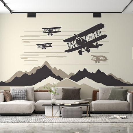 Aviation wallpaper in modern living room showing vintage planes and mountains creating depth and movement
