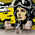 Aviation pop art wallpaper creating a bold statement in a modern home office with yellow and black comic book style design