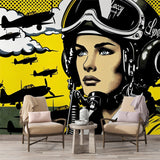 Aviation pop art wallpaper creating a bold statement in a modern home office with yellow and black comic book style design