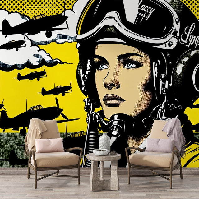 Aviation pop art wallpaper creating a bold statement in a modern home office with yellow and black comic book style design