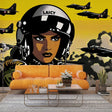 Aviation mural wallpaper with pop art style shown in modern home office, yellow and blue comic book design with fighter jets