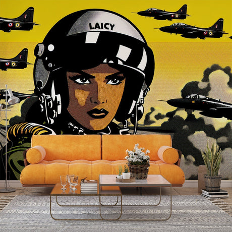 Aviation mural wallpaper with pop art style shown in modern home office, yellow and blue comic book design with fighter jets