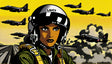 Aviation wall mural in modern home office showing pop art fighter pilot design creating bold focal point against white furniture