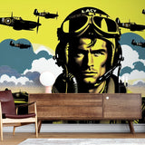 Aviation mural wallpaper with pop art pilot design showcased in a modern office space with minimalist furniture