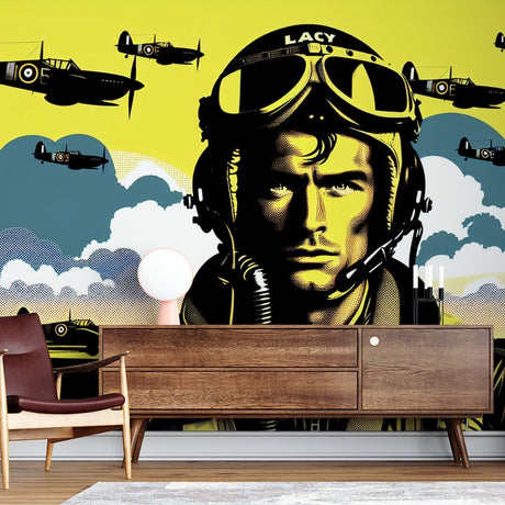 Aviation mural wallpaper with pop art pilot design showcased in a modern office space with minimalist furniture