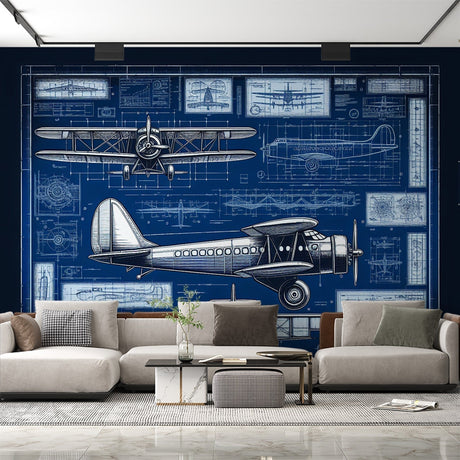 Aviation blueprint wallpaper displayed in a modern office space, showing detailed technical drawings against navy background