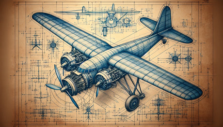 Aviation blueprint wallpaper design file showing detailed technical aircraft drawings on sepia background