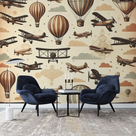 Vintage aviation wallpaper creating a cozy atmosphere in a modern home office, with sepia-toned aircraft and hot air balloons