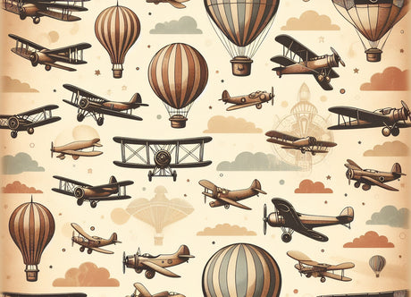 Vintage aviation wallpaper design file showing detailed hot air balloons and classic aircraft pattern