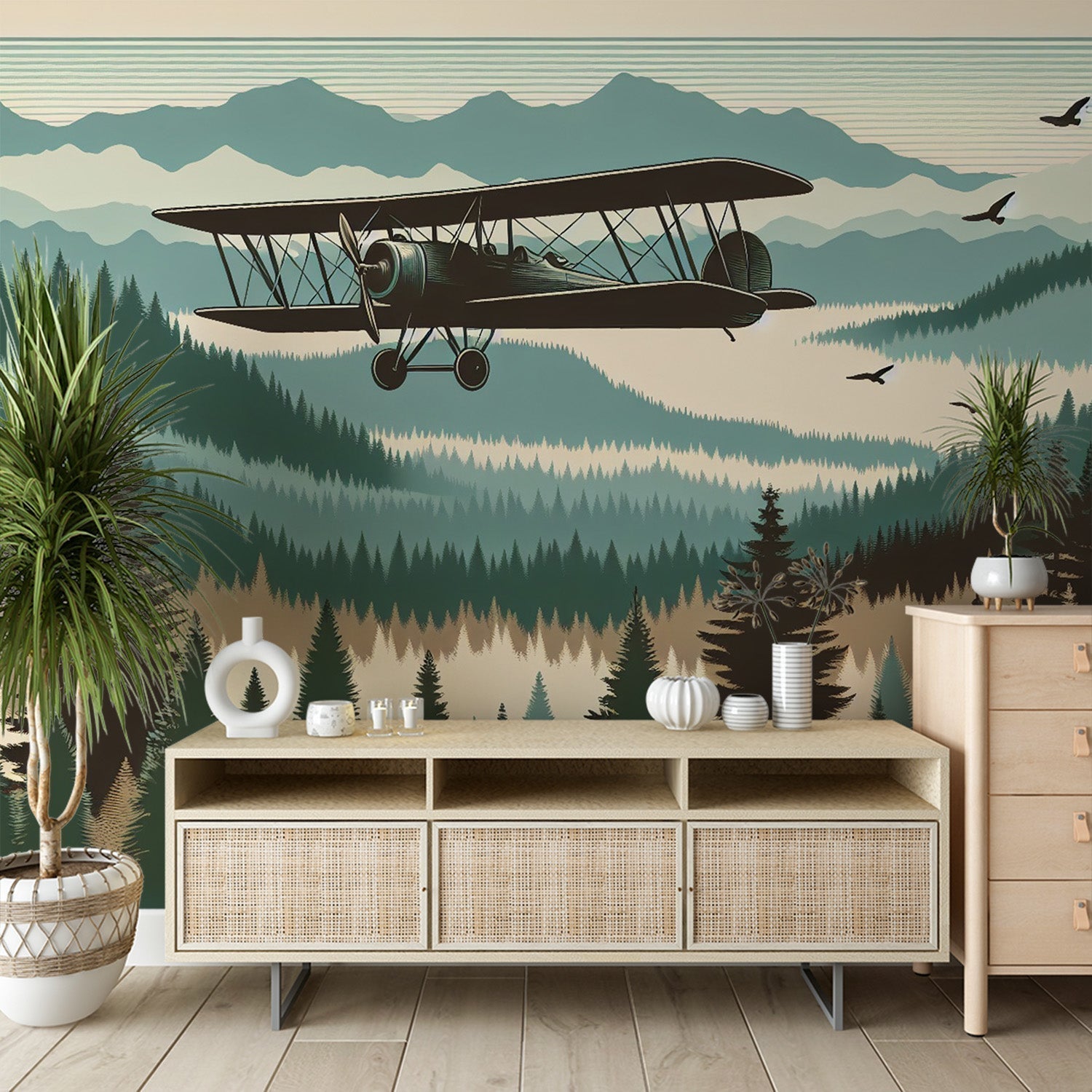 Vintage airplane wallpaper creating a stunning focal point in a modern home office with mountain forest scenery
