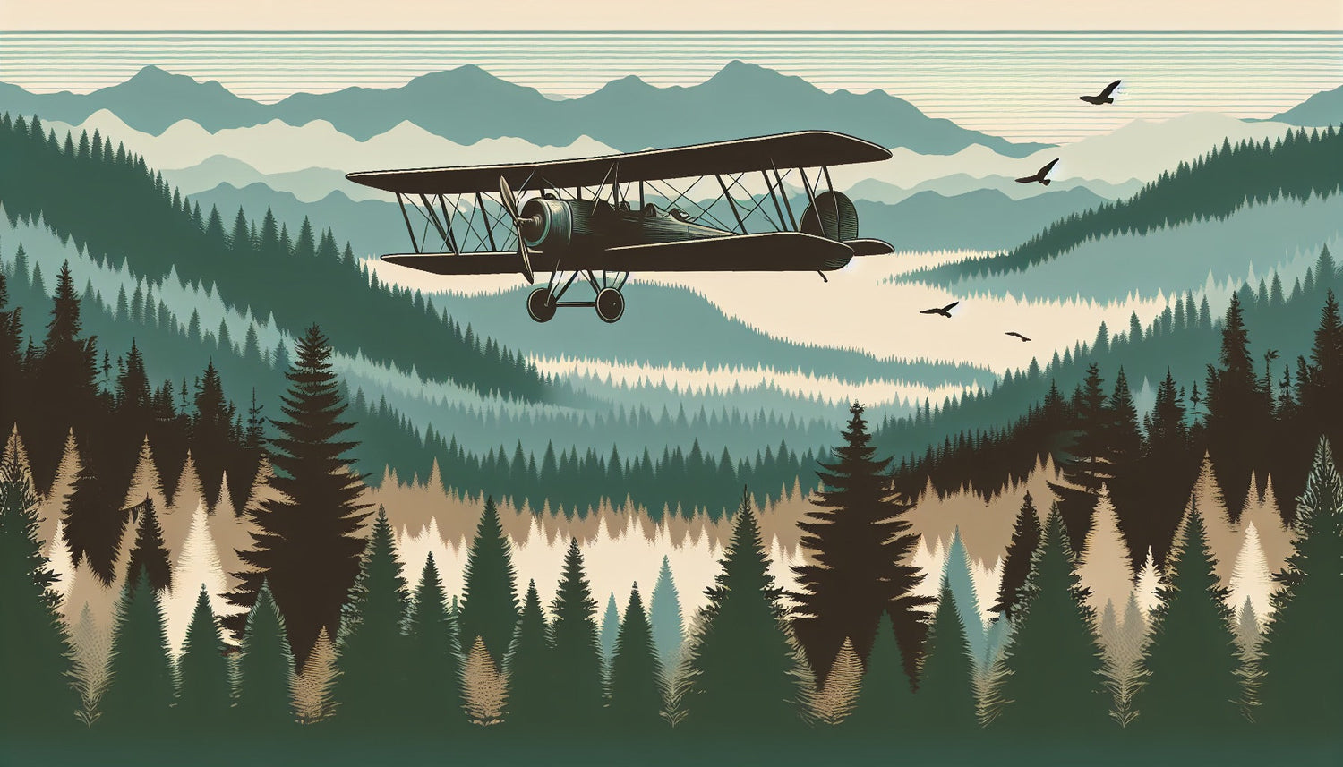 Aviation wallpaper design file showing detailed biplane and mountain forest pattern