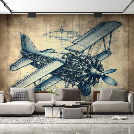 Aviation blueprint wallpaper creating a sophisticated atmosphere in a modern home office with clean lines and natural light