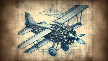 Vintage airplane blueprint design file showing detailed technical drawings in blue and parchment tones