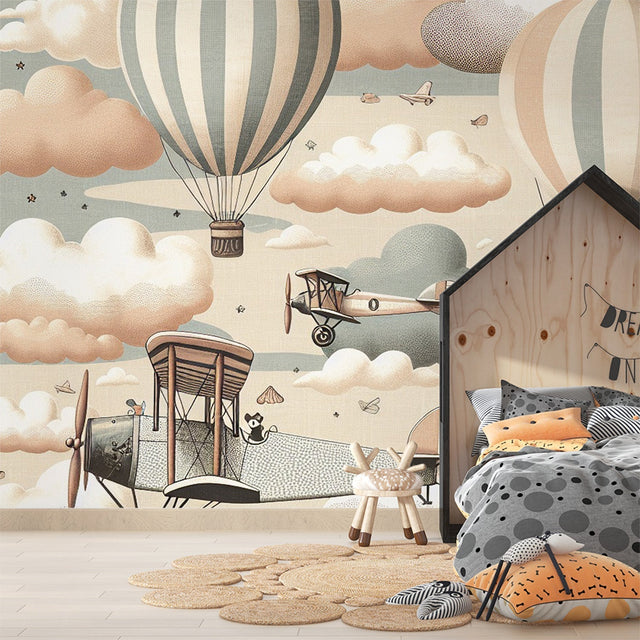 Aviation wallpaper creating a cozy reading nook with vintage hot air balloons floating above a comfortable chair
