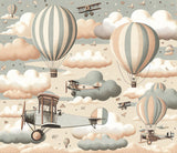 Vintage aviation wallpaper design file showing detailed hot air balloons and classic airplanes pattern