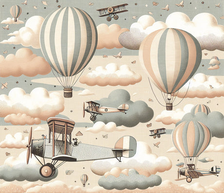 Vintage aviation wallpaper design file showing detailed hot air balloons and classic airplanes pattern