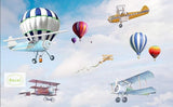 Design file of vintage aviation wallpaper pattern with hot air balloons and classic airplanes