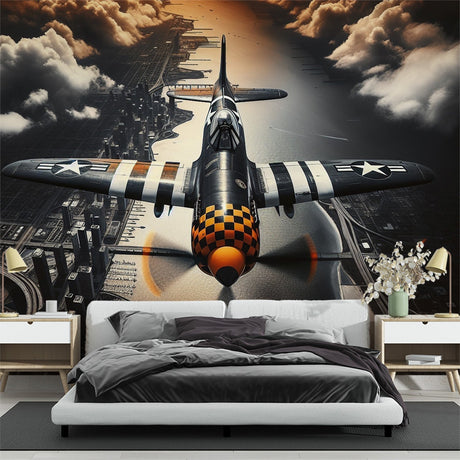 Vintage military aircraft wallpaper creating a dramatic focal point in a modern home office with warm lighting
