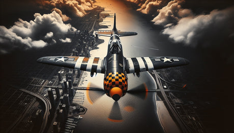 Military aircraft P-51 Mustang design file with detailed vintage elements and golden-hour sky effect