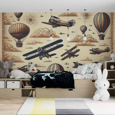 Vintage Aviation Wallpaper displayed in a cozy nursery, featuring sepia-toned planes and hot air balloons
