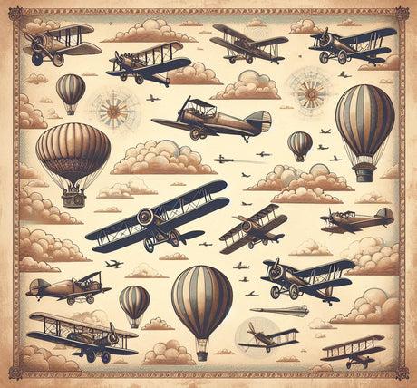 Aviation wallpaper design file showing detailed vintage aircraft and hot air balloons pattern
