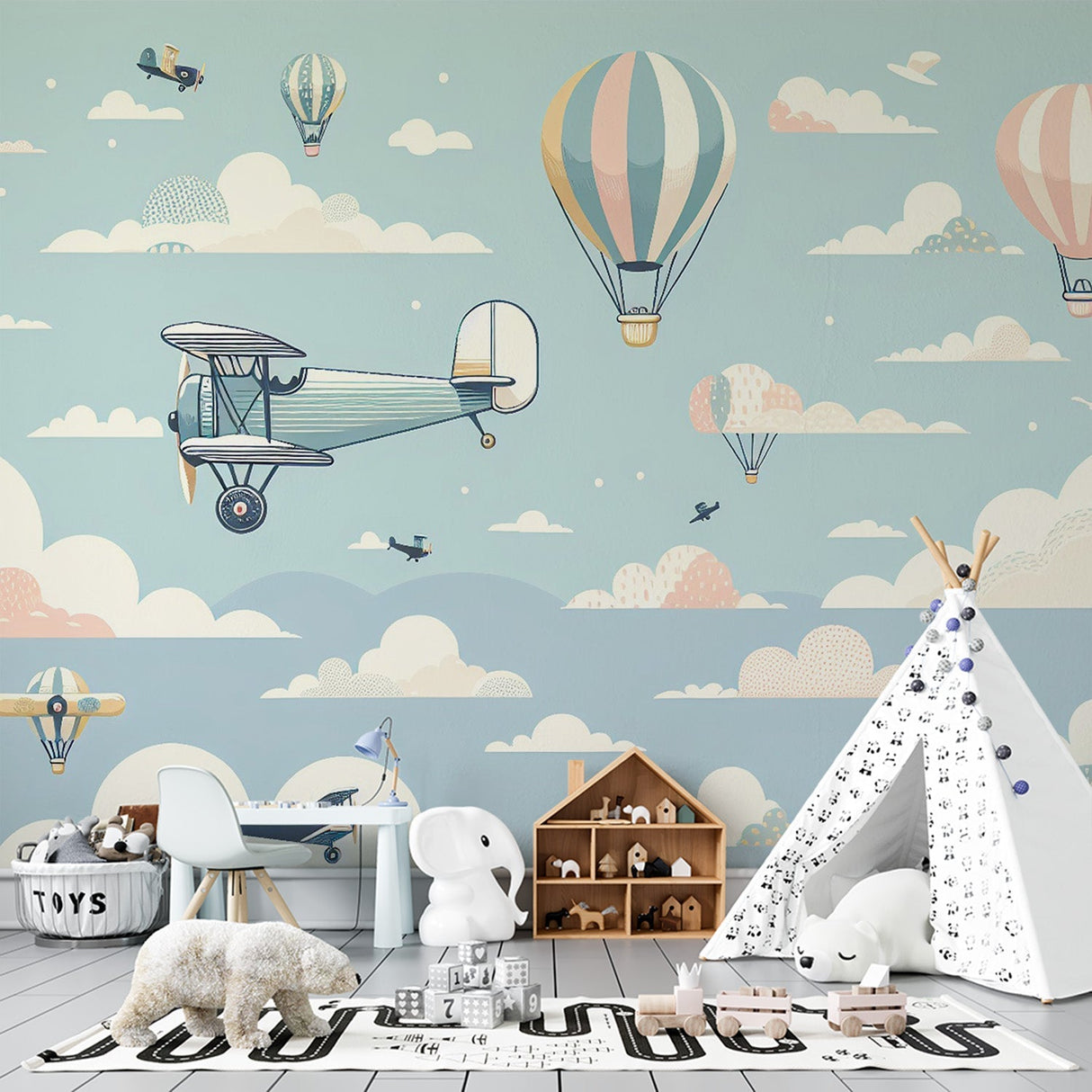 Aviation wallpaper with vintage planes and hot air balloons creating a dreamy atmosphere in a modern nursery