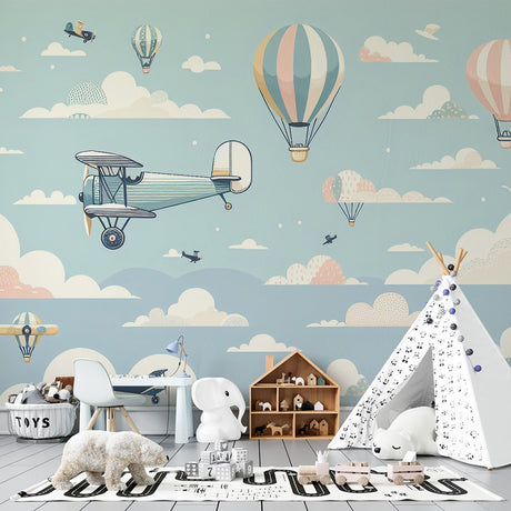 Aviation wallpaper with vintage planes and hot air balloons creating a dreamy atmosphere in a modern nursery