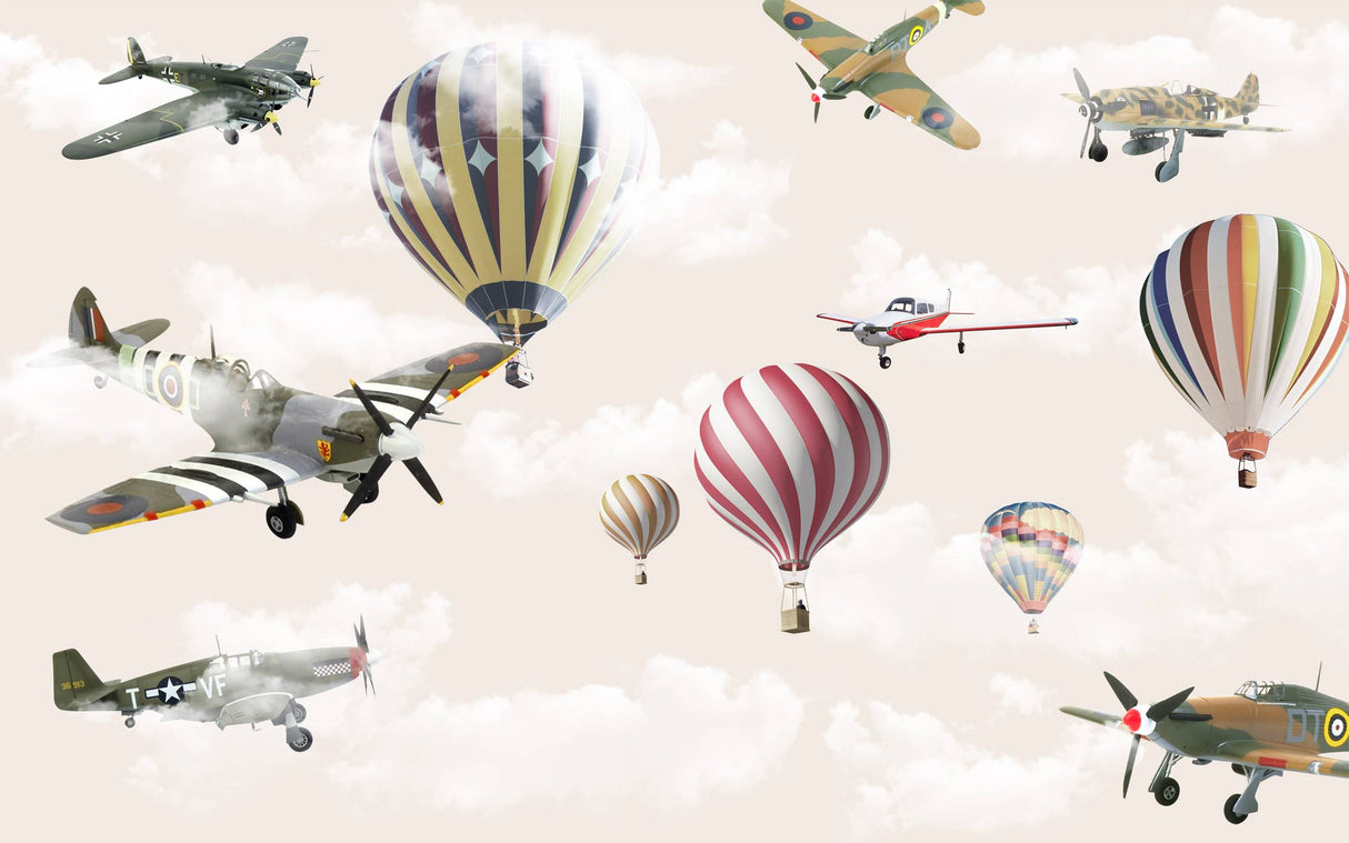 Aviation wallpaper design file showing detailed vintage planes and colorful hot air balloons pattern