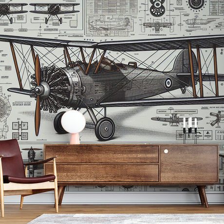 Aviation blueprint wallpaper displayed in a modern home office, showing detailed technical drawings against a clean white wall